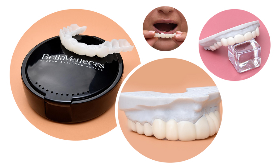 BellaVeneers dental product packaging with close-up images of teeth and a container.