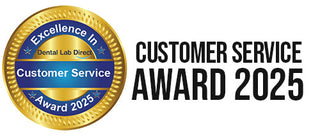 Gold and blue award badge with text 'Excellence in Customer Service Award 2025' on a white background
